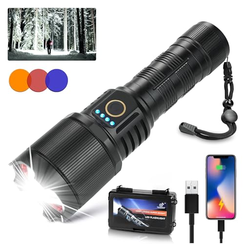 TEQDOT Flashlights 900000 High Lumens LED Rechargeable Tactical Flashlight Zoomable 3 Modes Fast Charging IPX6 Waterproof Super Bright Black Handheld Flashlights for Camping Hiking Outdoor and Gift