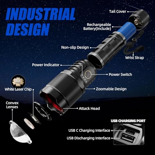 TEQDOT Flashlights 900000 High Lumens LED Rechargeable Tactical Flashlight Zoomable 3 Modes Fast Charging IPX6 Waterproof Super Bright Black Handheld Flashlights for Camping Hiking Outdoor and Gift