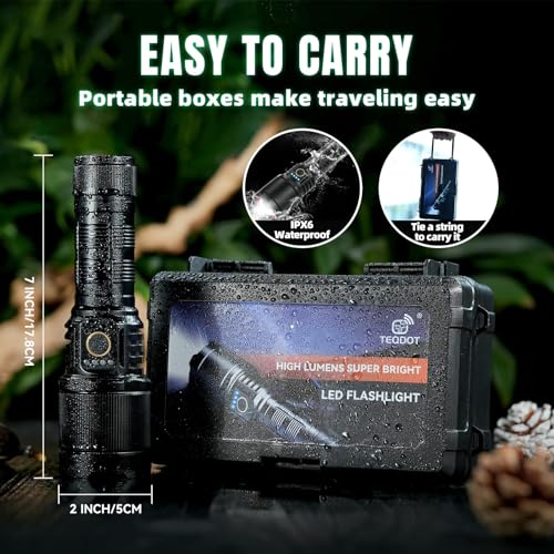 TEQDOT Flashlights 900000 High Lumens LED Rechargeable Tactical Flashlight Zoomable 3 Modes Fast Charging IPX6 Waterproof Super Bright Black Handheld Flashlights for Camping Hiking Outdoor and Gift