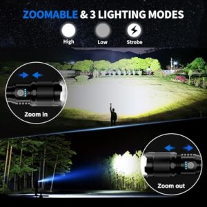 TEQDOT Flashlights 900000 High Lumens LED Rechargeable Tactical Flashlight Zoomable 3 Modes Fast Charging IPX6 Waterproof Super Bright Black Handheld Flashlights for Camping Hiking Outdoor and Gift