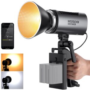 neewer ms150b 130w bi color led video light, mini cob portable photography lighting with app control,2.4g mode, bowens mount continuous output lighting, 200000 lux/0.5m, 2700k-6500k, cri97+, 12 scenes