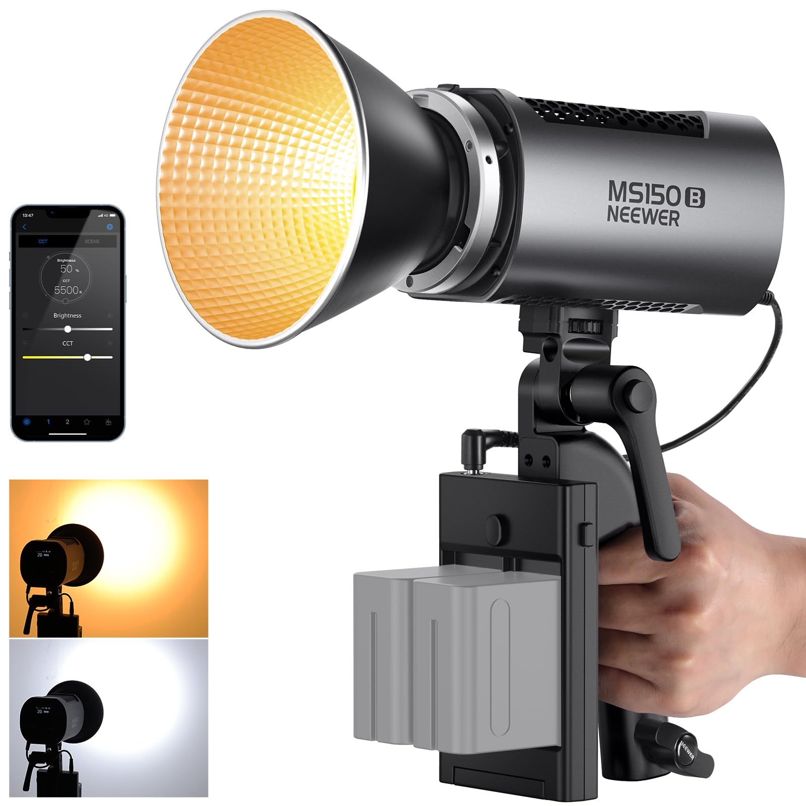 NEEWER MS150B 130W Bi Color LED Video Light, Mini COB Portable Photography Lighting with App Control,2.4G Mode, Bowens Mount Continuous Output Lighting, 200000 lux/0.5m, 2700K-6500K, CRI97+, 12 Scenes