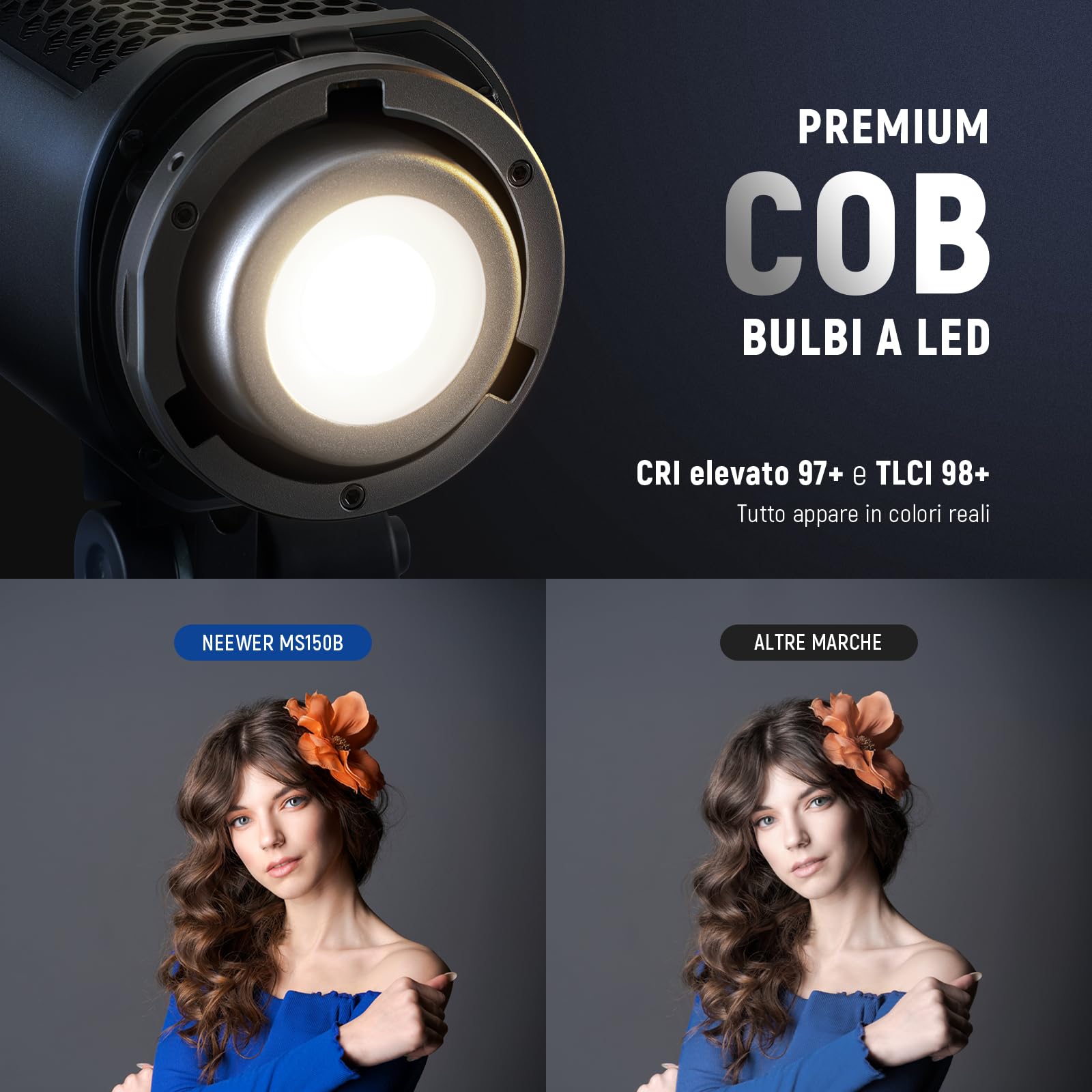 NEEWER MS150B 130W Bi Color LED Video Light, Mini COB Portable Photography Lighting with App Control,2.4G Mode, Bowens Mount Continuous Output Lighting, 200000 lux/0.5m, 2700K-6500K, CRI97+, 12 Scenes