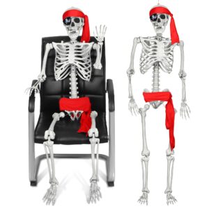 fovths 5.4ft/165 cm pre-assembled halloween skeleton decoration life-size skeleton full body posable human bone with movable joints headband belt eye patch for halloween outdoor yard haunted house