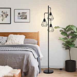 Coucrek Industrial Floor Lamp, Farmhouse Standing Lamp with 3 Hanging Cage Heads, Rustic Tree Floor Lamps for Living Room Bedroom, Bulb not Included