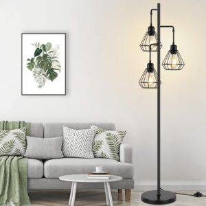 Coucrek Industrial Floor Lamp, Farmhouse Standing Lamp with 3 Hanging Cage Heads, Rustic Tree Floor Lamps for Living Room Bedroom, Bulb not Included