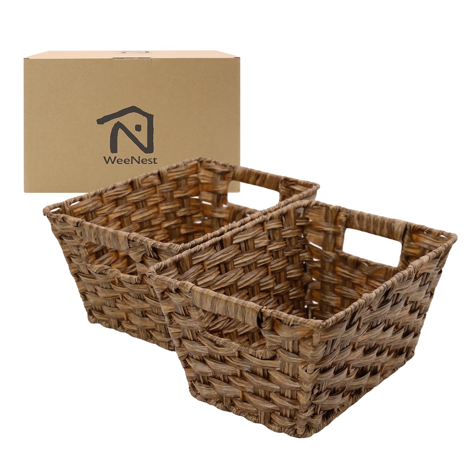 WeeNest Wicker Storage Basket with Handle, Woven Baskets for Organizing and Trays, Holders, Organizers, Storage Baskets for Shelves, Resin Wicker Set of 2, Toffee