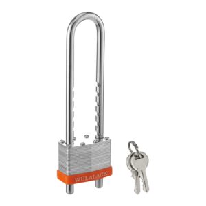 padlock with key, wulalack 2 inch wide laminated steel keyed padlock with adjustable shackle, long shackle pad lock with 2 keys