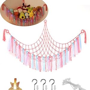 Kopduki 59 in Stuffed Animal Hammock with Stars-Light, Stuffed Animal Storage, Teddy Bear Hammock with Tassel & Hooks for Nursery Room, Corner Mesh Toy Hammock for Stuffed Animals for Playroom