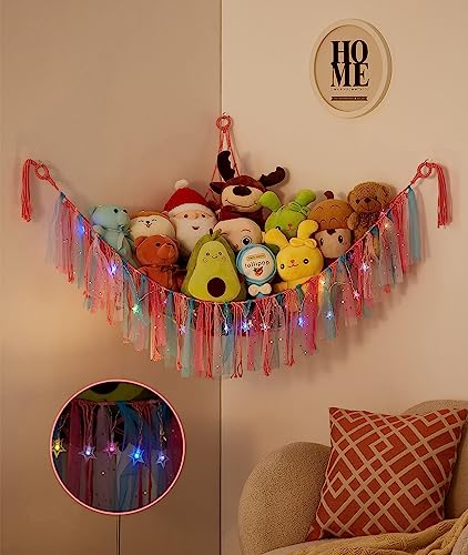 Kopduki 59 in Stuffed Animal Hammock with Stars-Light, Stuffed Animal Storage, Teddy Bear Hammock with Tassel & Hooks for Nursery Room, Corner Mesh Toy Hammock for Stuffed Animals for Playroom