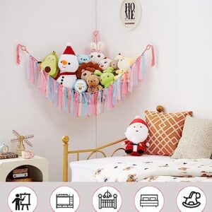 Kopduki 59 in Stuffed Animal Hammock with Stars-Light, Stuffed Animal Storage, Teddy Bear Hammock with Tassel & Hooks for Nursery Room, Corner Mesh Toy Hammock for Stuffed Animals for Playroom