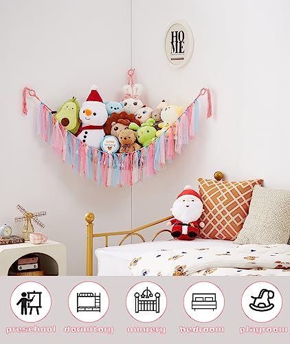 Kopduki 59 in Stuffed Animal Hammock with Stars-Light, Stuffed Animal Storage, Teddy Bear Hammock with Tassel & Hooks for Nursery Room, Corner Mesh Toy Hammock for Stuffed Animals for Playroom