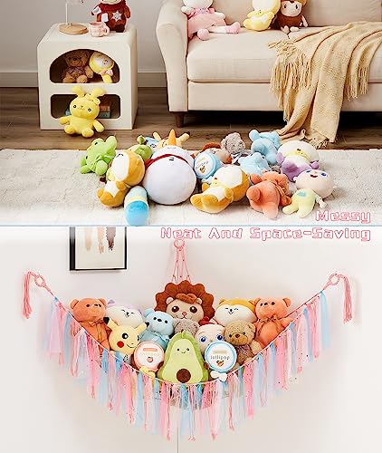 Kopduki 59 in Stuffed Animal Hammock with Stars-Light, Stuffed Animal Storage, Teddy Bear Hammock with Tassel & Hooks for Nursery Room, Corner Mesh Toy Hammock for Stuffed Animals for Playroom