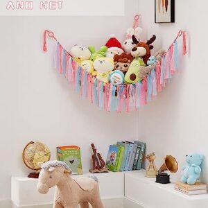 Kopduki 59 in Stuffed Animal Hammock with Stars-Light, Stuffed Animal Storage, Teddy Bear Hammock with Tassel & Hooks for Nursery Room, Corner Mesh Toy Hammock for Stuffed Animals for Playroom