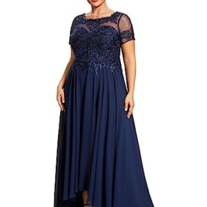 Ever-Pretty Women's Custom Plus Size Elegant Round Neck Embroidered Floor-Length A Line Formal Dresses Navy Blue US26