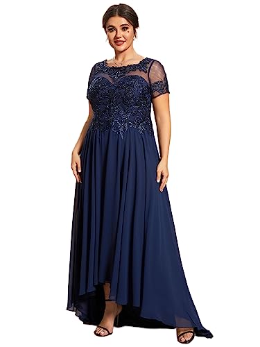 Ever-Pretty Women's Custom Plus Size Elegant Round Neck Embroidered Floor-Length A Line Formal Dresses Navy Blue US26