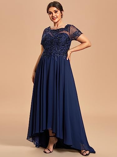 Ever-Pretty Women's Custom Plus Size Elegant Round Neck Embroidered Floor-Length A Line Formal Dresses Navy Blue US26