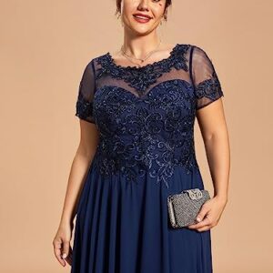 Ever-Pretty Women's Custom Plus Size Elegant Round Neck Embroidered Floor-Length A Line Formal Dresses Navy Blue US26