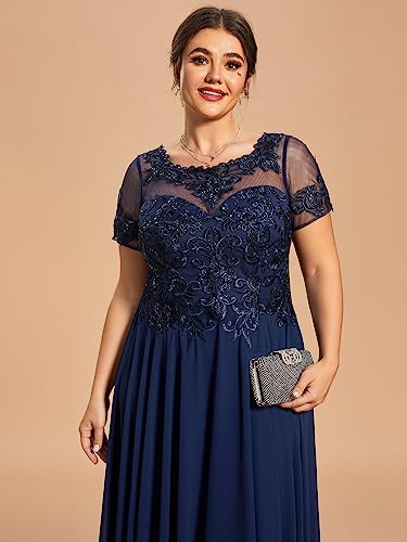 Ever-Pretty Women's Custom Plus Size Elegant Round Neck Embroidered Floor-Length A Line Formal Dresses Navy Blue US26