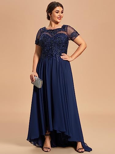 Ever-Pretty Women's Custom Plus Size Elegant Round Neck Embroidered Floor-Length A Line Formal Dresses Navy Blue US26