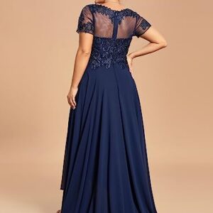 Ever-Pretty Women's Custom Plus Size Elegant Round Neck Embroidered Floor-Length A Line Formal Dresses Navy Blue US26