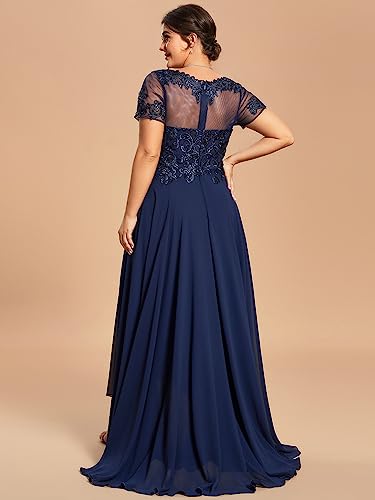 Ever-Pretty Women's Custom Plus Size Elegant Round Neck Embroidered Floor-Length A Line Formal Dresses Navy Blue US26