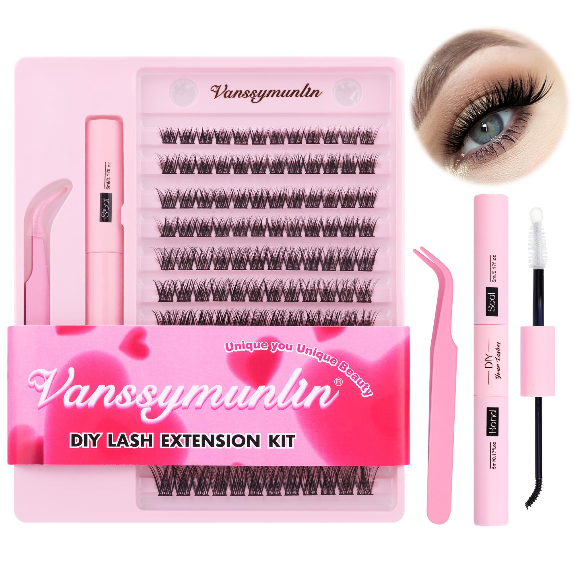 Lash Extension Kit 144Pcs Lash Clusters DIY Eyelash Extension Kit D Curl Fluffy Cluster Lashes Wispy Individual Lashes with Long Lasting Lash Bond and Seal and Lash Tweezers for Lash Extension at Home