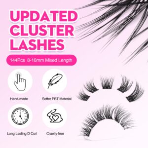 Lash Extension Kit 144Pcs Lash Clusters DIY Eyelash Extension Kit D Curl Fluffy Cluster Lashes Wispy Individual Lashes with Long Lasting Lash Bond and Seal and Lash Tweezers for Lash Extension at Home