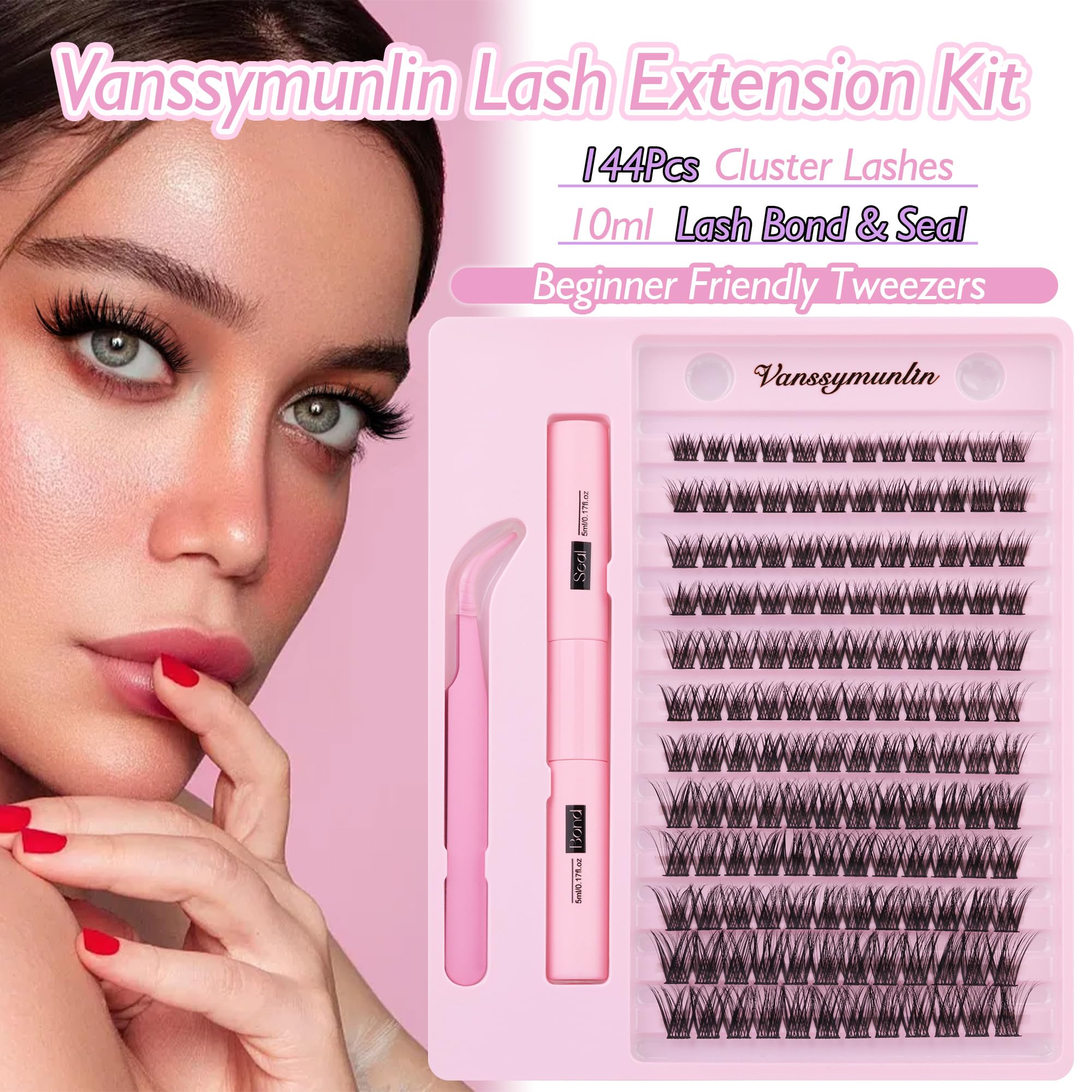 Lash Extension Kit 144Pcs Lash Clusters DIY Eyelash Extension Kit D Curl Fluffy Cluster Lashes Wispy Individual Lashes with Long Lasting Lash Bond and Seal and Lash Tweezers for Lash Extension at Home