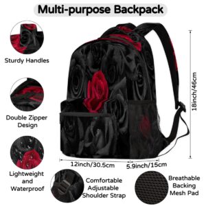 DOHOATU Kids Backpacks, Large 18 Inch Rose Bookbag Black and Red Roses Shoulder School Bags for Boy Girl Computer Hiking Gym Travel Casual Travel Daypack