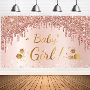 baby shower decorations baby girl banner, pink rose gold baby girl shower backdrop party supplies, pink sweet baby shower poster background photo booth props decor