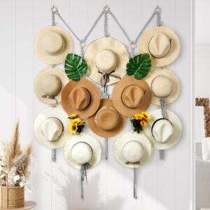 hydermus hat organizer with 15 clips for women wide brim hat adjustable width for small or large space boho hat rack for wall hat storage for closet storage and organization grey