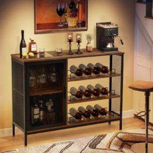 Fashionwu 42 Inches Wine Cabinet with Storage Shelf, Industrial Bar Cabinet with Removable Wine Rack and Glass Holder, Wood Freestanding Wine Rack Cabinet for Liquor and Glasses(Brown)