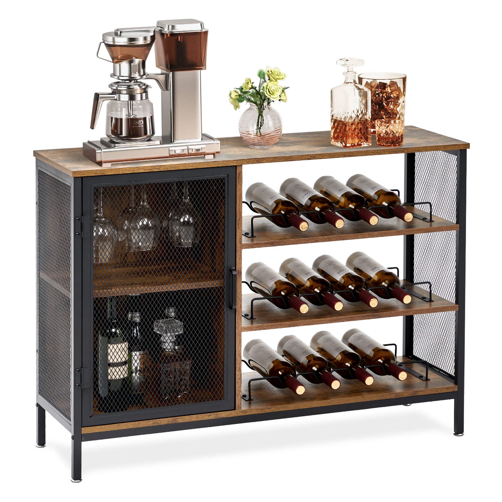 Fashionwu 42 Inches Wine Cabinet with Storage Shelf, Industrial Bar Cabinet with Removable Wine Rack and Glass Holder, Wood Freestanding Wine Rack Cabinet for Liquor and Glasses(Brown)