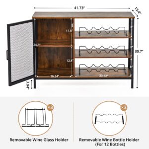 Fashionwu 42 Inches Wine Cabinet with Storage Shelf, Industrial Bar Cabinet with Removable Wine Rack and Glass Holder, Wood Freestanding Wine Rack Cabinet for Liquor and Glasses(Brown)