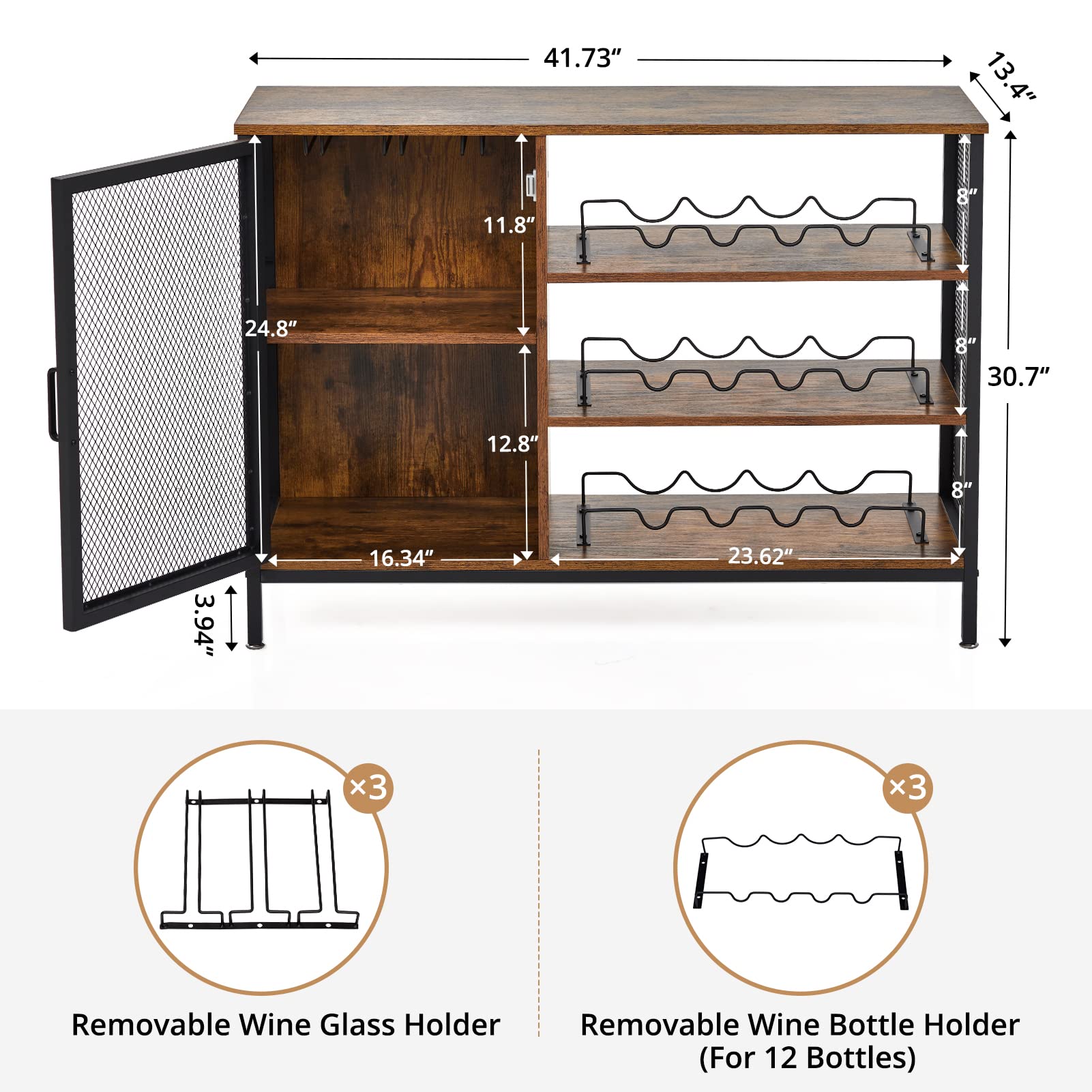 Fashionwu 42 Inches Wine Cabinet with Storage Shelf, Industrial Bar Cabinet with Removable Wine Rack and Glass Holder, Wood Freestanding Wine Rack Cabinet for Liquor and Glasses(Brown)