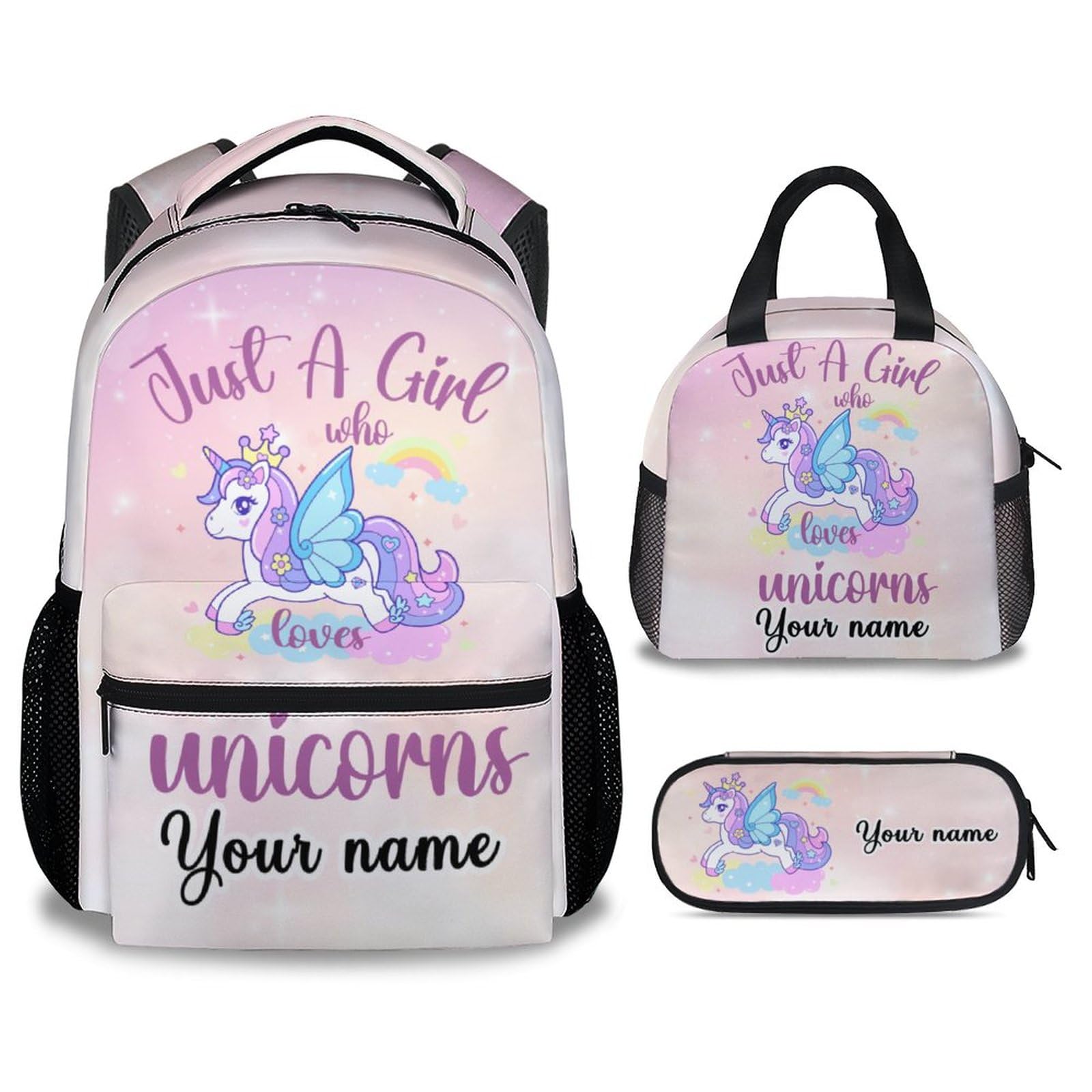 COOPASIA Personalized Unicorn Backpack with Lunch Box and Pencil Case, 16 Inch Unicorn Theme Bookbag with Adjustable Straps, Durable, Lightweight, Large Capacity, School Backpack for Girls Women