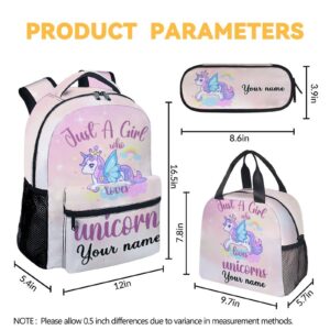 COOPASIA Personalized Unicorn Backpack with Lunch Box and Pencil Case, 16 Inch Unicorn Theme Bookbag with Adjustable Straps, Durable, Lightweight, Large Capacity, School Backpack for Girls Women