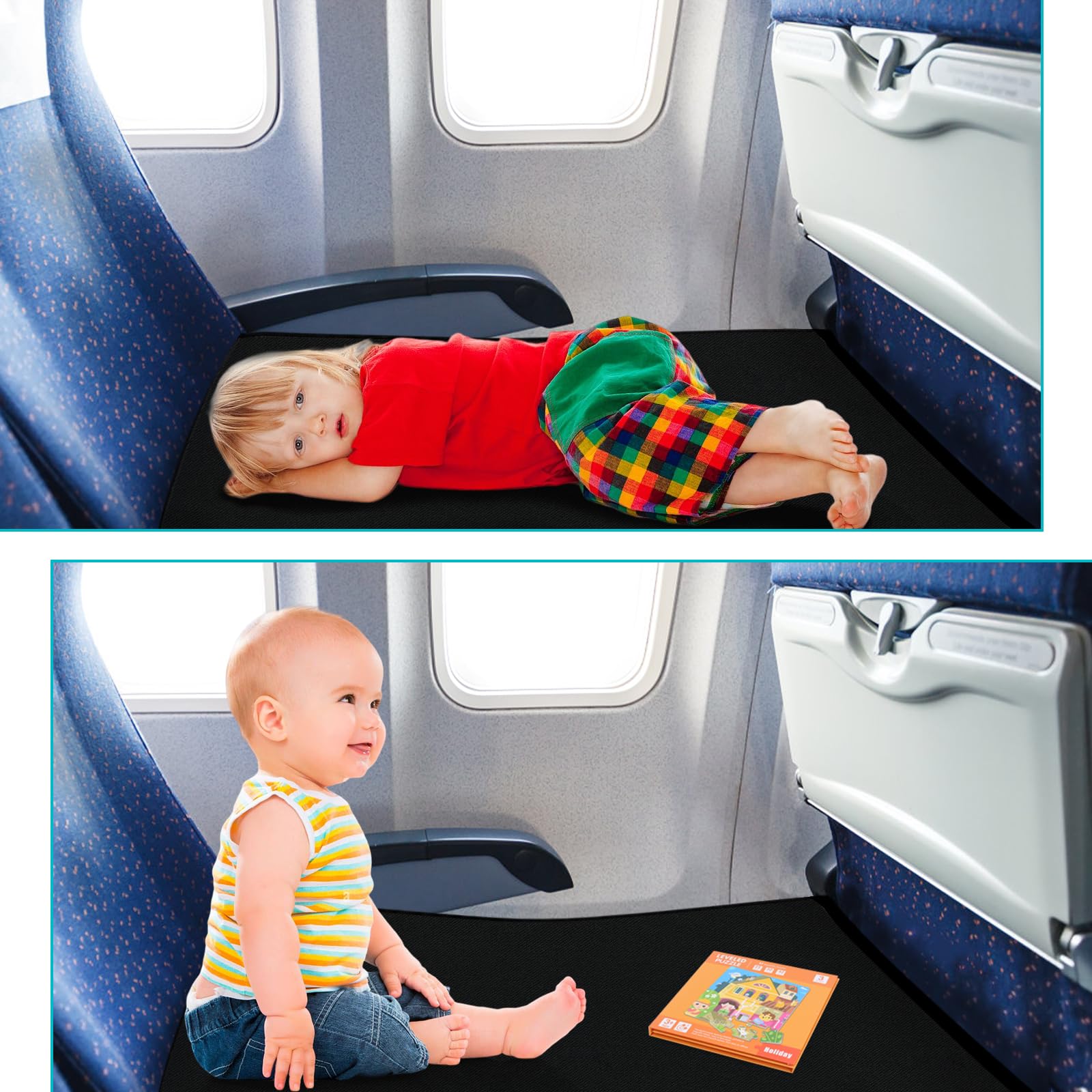 FIXMSV Toddler Airplane Bed, Airplane Seat Extender for Kids, Toddler Plane Bed with Magnetic Folding Puzzle Airplane Toddler Bed with Ventilated Cotton Portable Airplane Bed Footrest