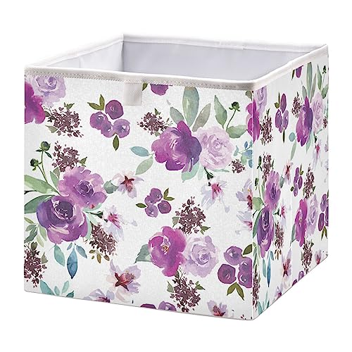 Kigai Purple Flowers Cube Storage Bins - 11x11x11 In Large Foldable Storage Basket Fabric Storage Baskes Organizer for Toys, Books, Shelves, Closet, Home Decor