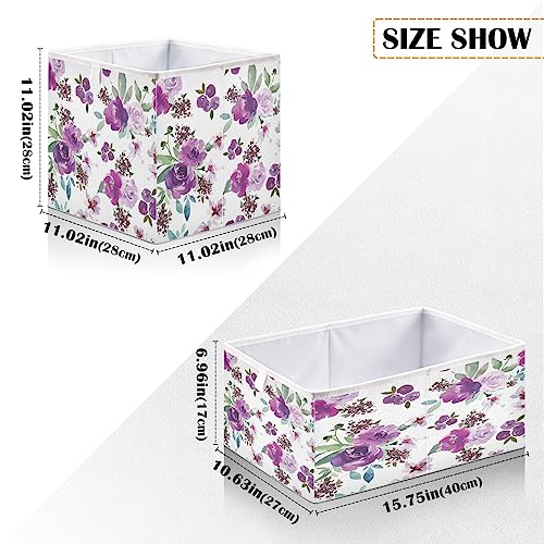 Kigai Purple Flowers Cube Storage Bins - 11x11x11 In Large Foldable Storage Basket Fabric Storage Baskes Organizer for Toys, Books, Shelves, Closet, Home Decor