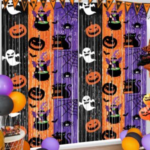 foil fringe curtains halloween party decorations, 2 pack 3.3 x 6.6 ft black orange purple tinsel fringe curtain halloween decor indoor photo backdrop streamers for halloween birthday party decorations