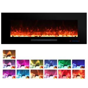 oxhark flame 50 inch electric fireplace, wall mounted and recessed fireplace insert with remote control, 13 flame effects, 5 brightness, realistic logs & crystals, 1500w(5100btu), timer, black