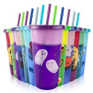 12 pack halloween color changing cups with lids and straws,plastic tumblers with lids and straws bulk for halloween decorations,reusable cups for halloween party supplies for adults kids women,24 oz