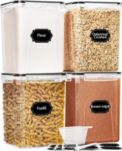 skroam 4pcs airtight food storage containers with lids 5.2l/176oz, flour storage container for kitchen pantry organizers and storage, storage containers for pantry, measuring cup & 20 labels