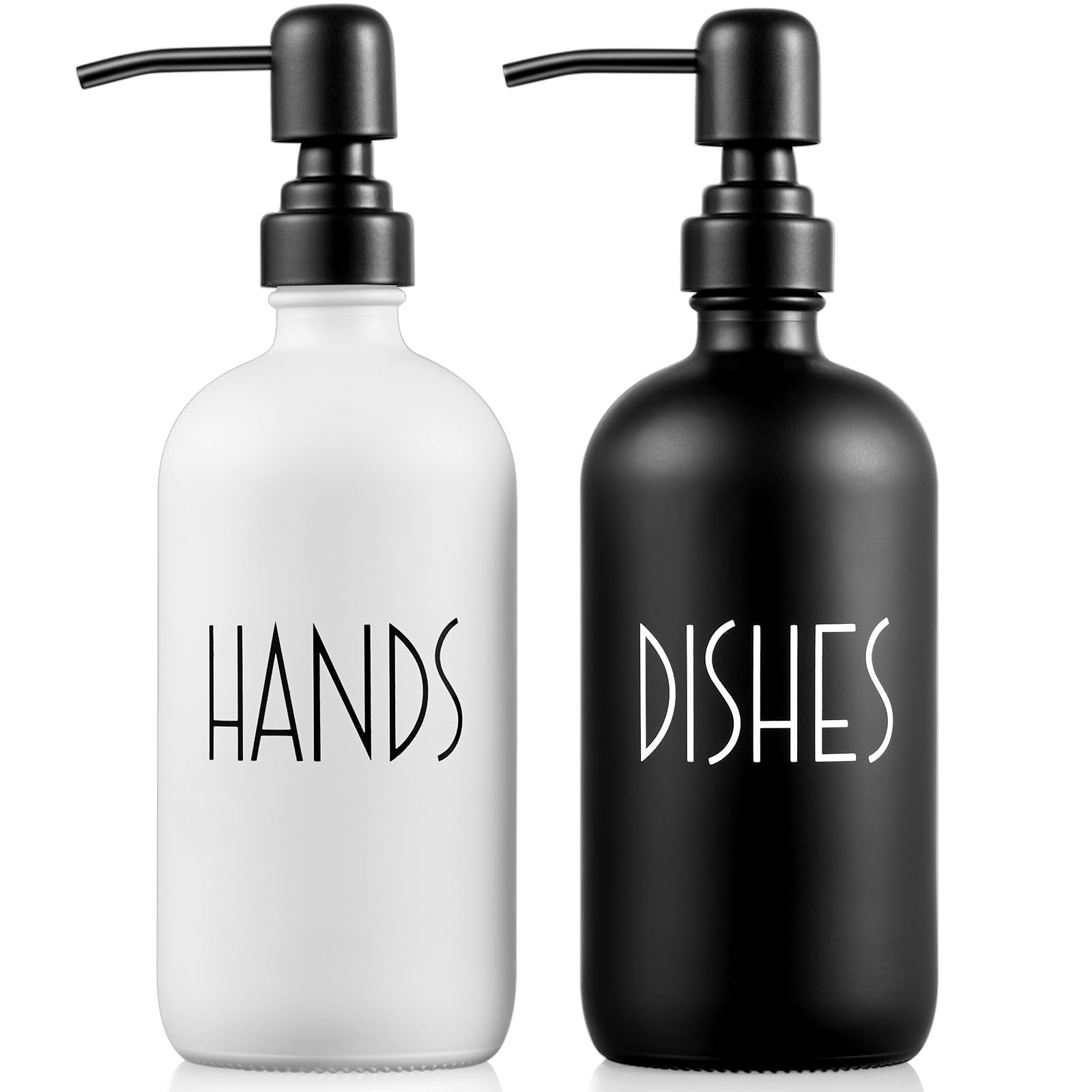 ALELION Glass Dish Soap Dispenser for Kitchen - 16 OZ Hand Soap Dispenser Set with Stainless Steel Pump - Matte Black White Modern Farmhouse Kitchen Bathroom Decor and Accessories