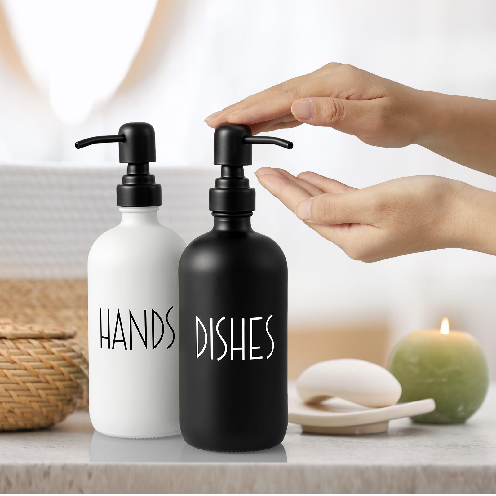 ALELION Glass Dish Soap Dispenser for Kitchen - 16 OZ Hand Soap Dispenser Set with Stainless Steel Pump - Matte Black White Modern Farmhouse Kitchen Bathroom Decor and Accessories