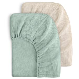 yoofoss muslin crib sheets for boys girls 100% cotton fitted baby crib sheet 2 pack soft and breathable for standard crib mattress & toddler mattress 52"x28" apricot&green