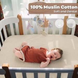 Yoofoss Muslin Crib Sheets for Boys Girls 100% Cotton Fitted Baby Crib Sheet 2 Pack Soft and Breathable for Standard Crib Mattress & Toddler Mattress 52"x28" Apricot&Green