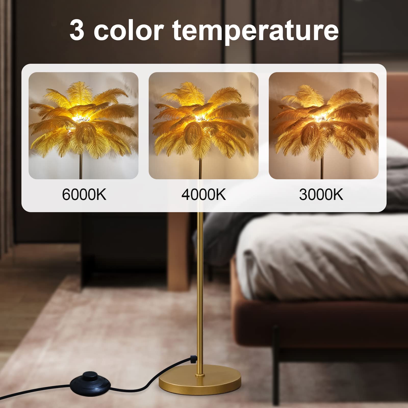 MSFDC Feather Floor Lamps for Living Room, Natural Ostrich Feather Lamp,Modern Floor Lamps,Bedside Feather Standing Lamp,Led Reading Lamp,Feather Lamps for Girl Bedroom Decor, G4*6 Bulb (Gold)